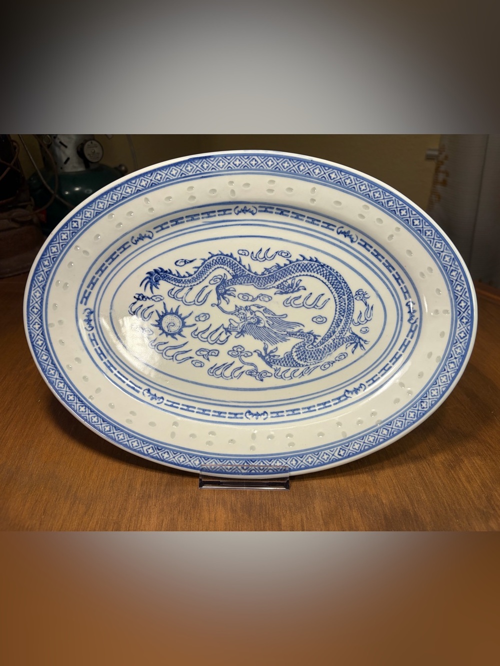 Jingdezhen Blue & White Chinese Porcelain 12" Oval Platter w/Rice Grain & Dragon